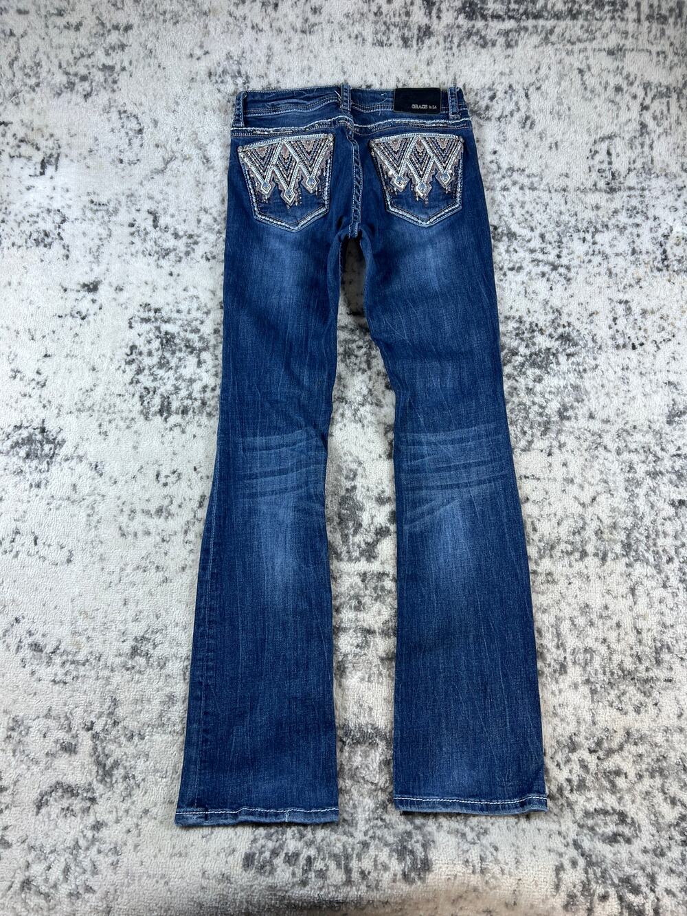 Grace in LA Jeans Womens 26 Easy Fit Bootcut Stretch Embellished Zip Fly Blue